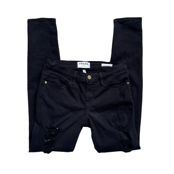 Frame Denim Le Skinny de Jeanne Distressed Ripped Black Jeans Film Noir Size 26 - Picture 9 of 14